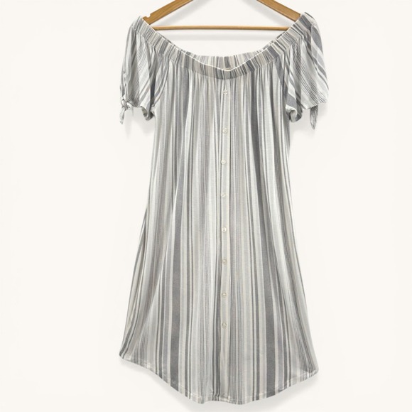 No Comment Dresses & Skirts - No Comment Off Shoulder Striped Dress Large White Gray Tie Sleeve NWT Coastal